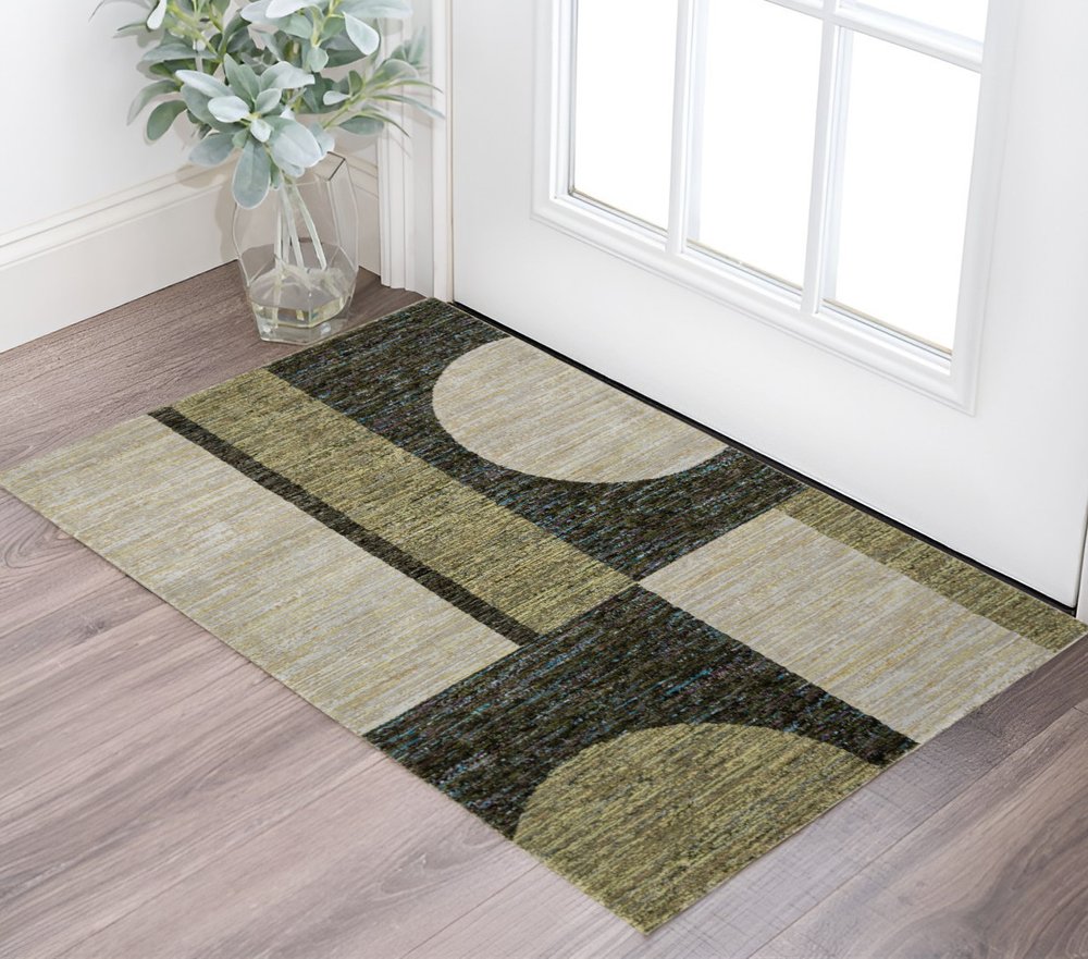 3' X 5' Blue and Beige Geometric Power Loom Area Rug
