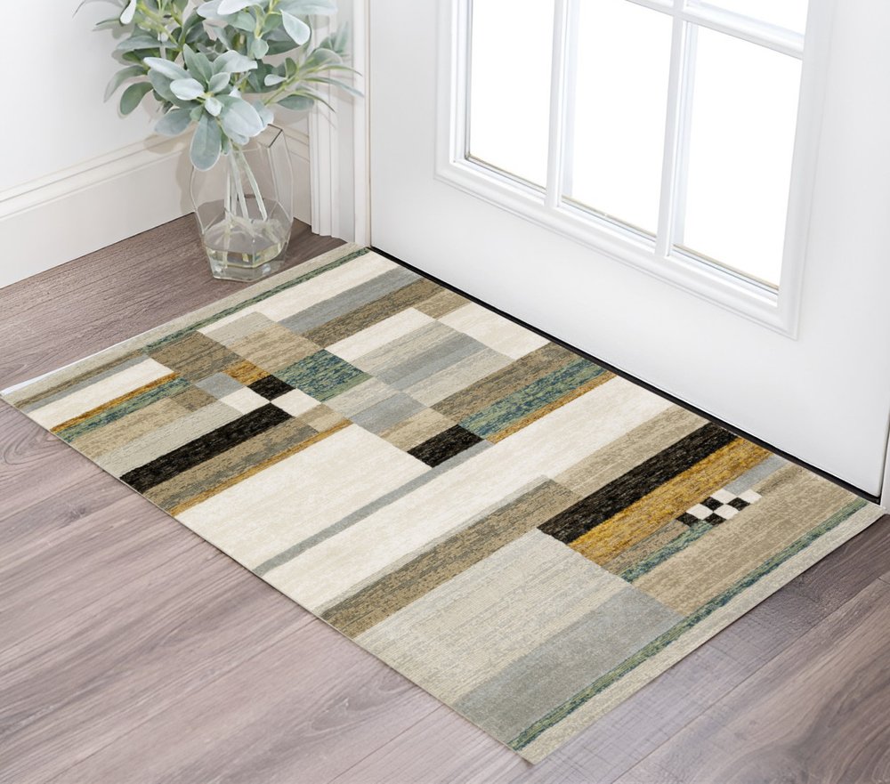 3' X 5' Beige Gold Black Grey Tan Teal and Rust Geometric Power Loom Area Rug