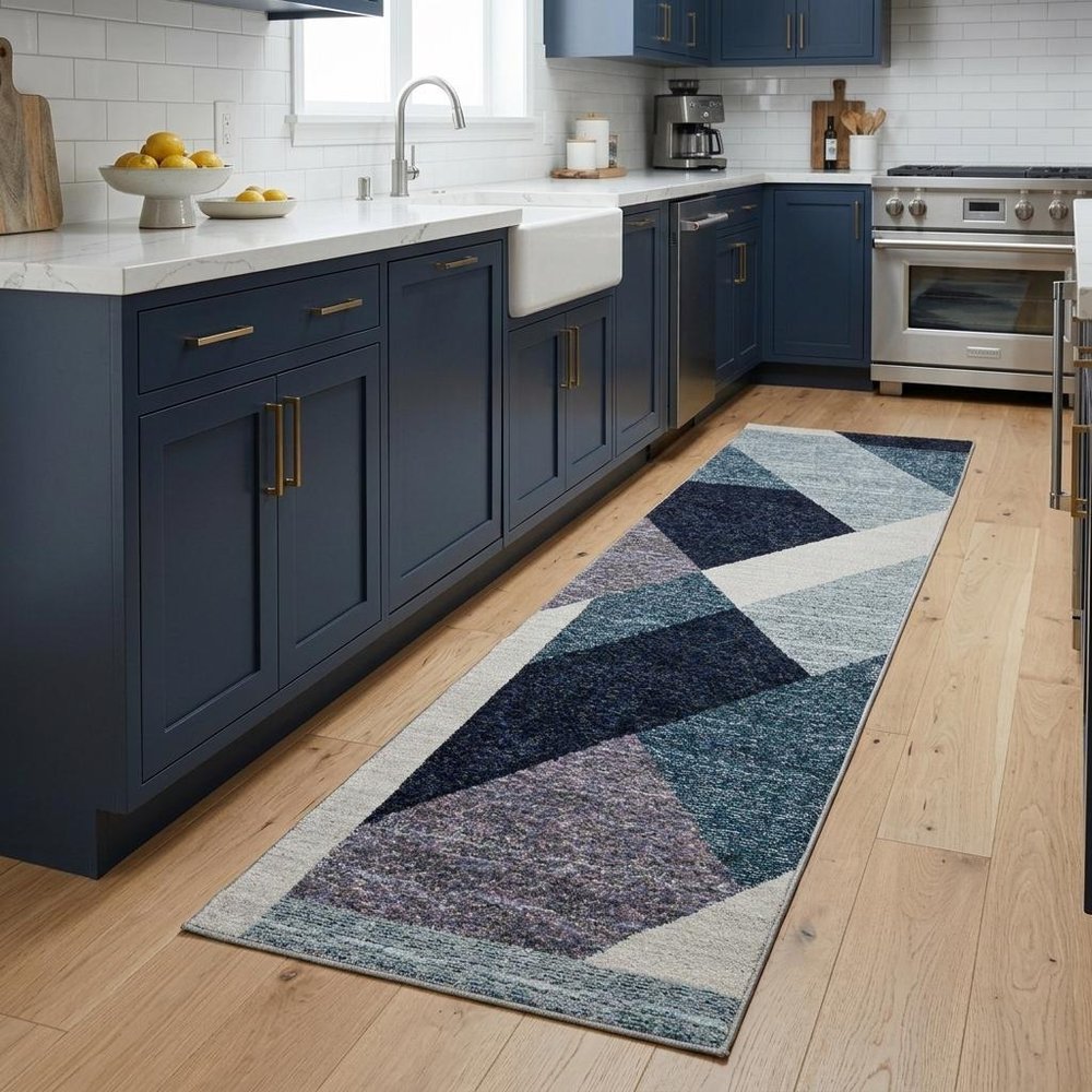 8' Blue Purple And Gray Geometric Runner Rug