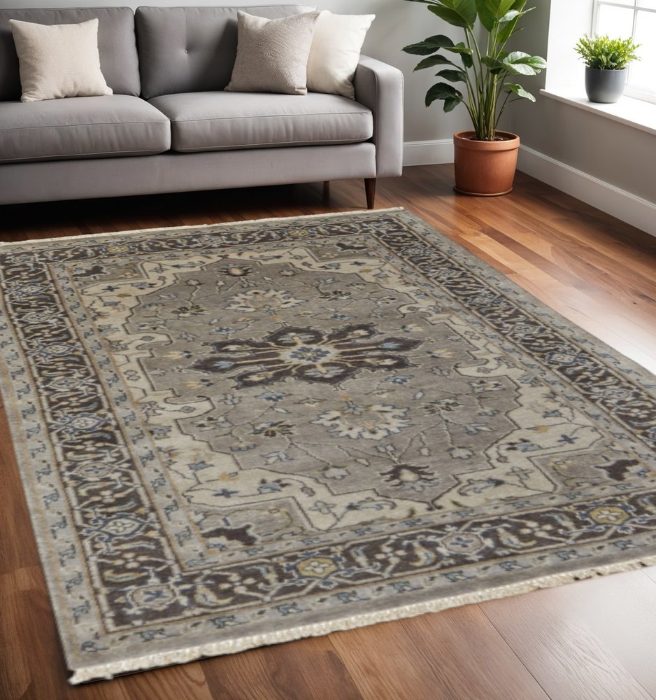 5' X 8' Beige Blue And Gray Wool Medallion Hand Knotted Area Rug