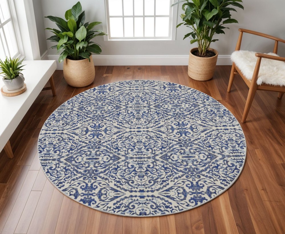9' Blue and Ivory Round Floral Distressed Area Rug