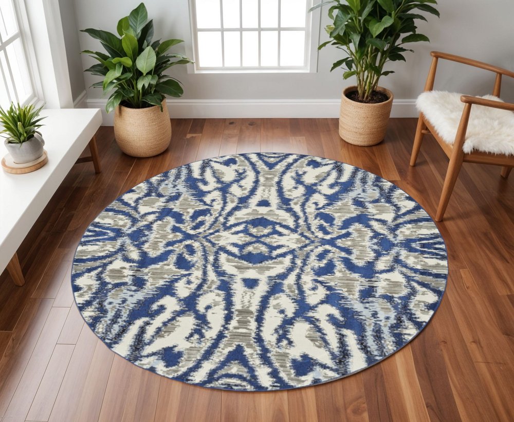 9' Ivory Blue And Gray Ikat Distressed Round Rug