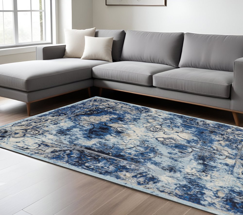 4' X 6' Blue Ivory And Gray Floral Distressed Stain Resistant Area Rug
