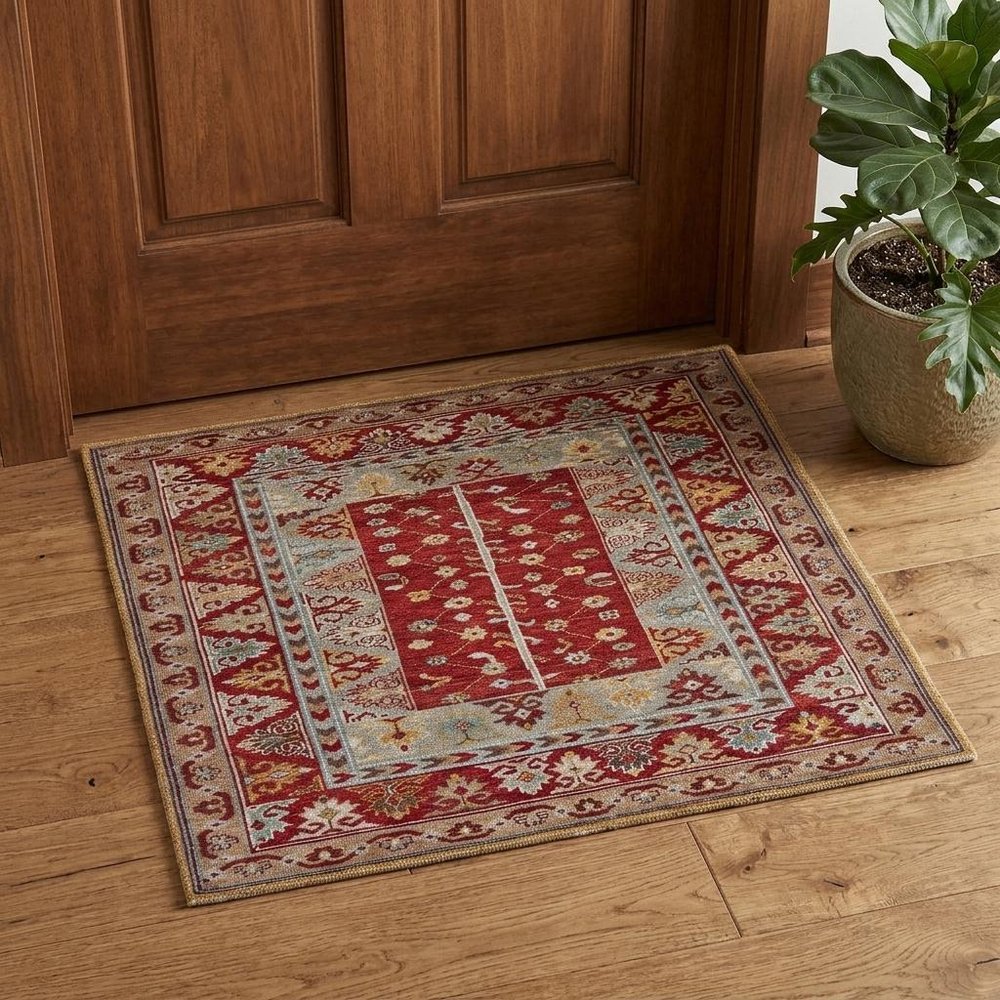 2' X 3' Red Blue And Brown Wool Floral Hand Knotted Distressed Stain Resistant Area Rug With Fringe