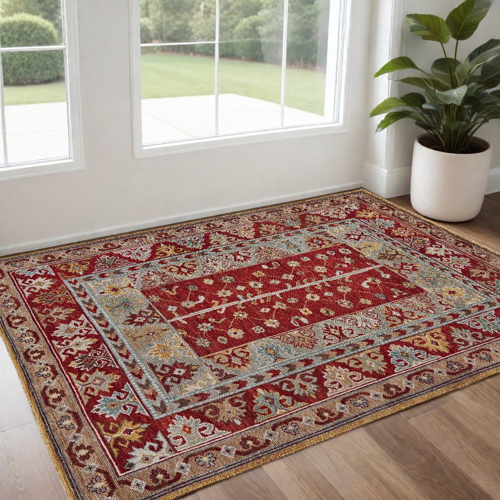8' X 10' Blue and Red Wool Floral Hand Knotted Distressed Area Rug With Fringe