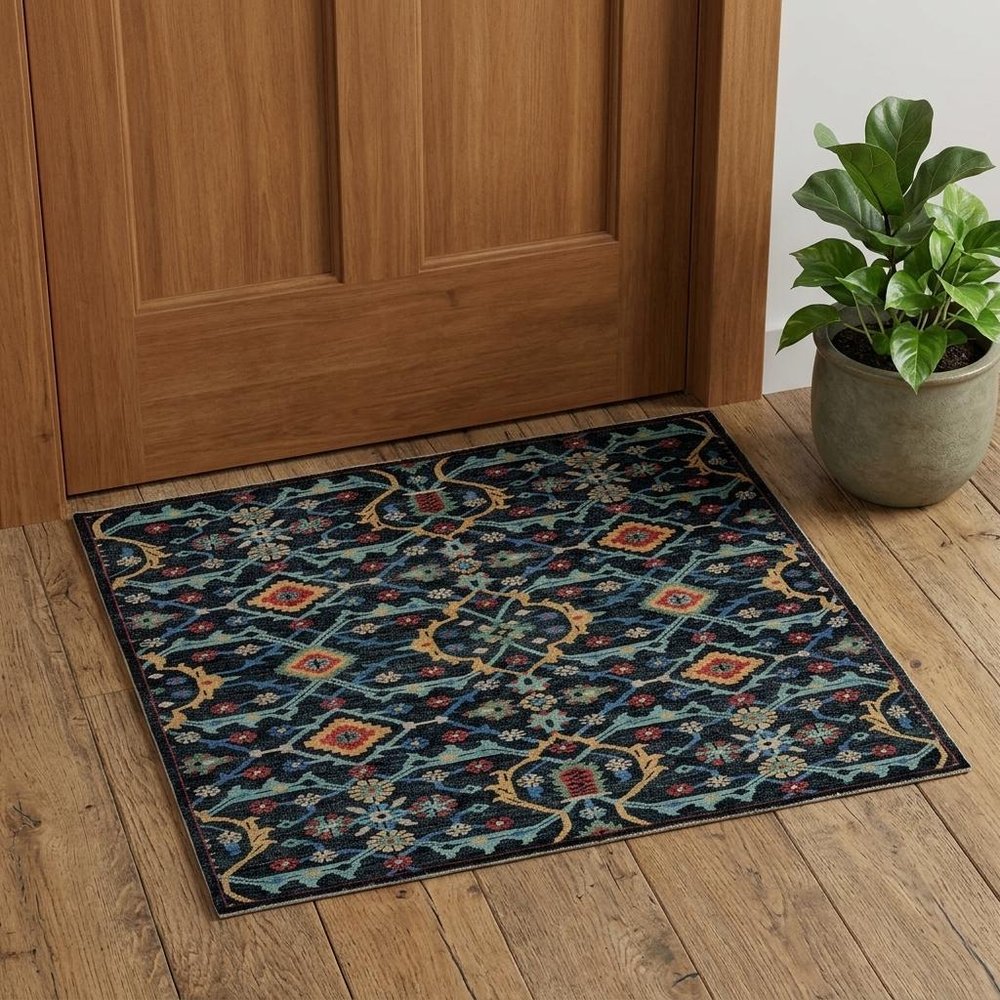 2' X 3' Black Blue And Orange Wool Tribal Hand Knotted Distressed Area Rug With Fringe