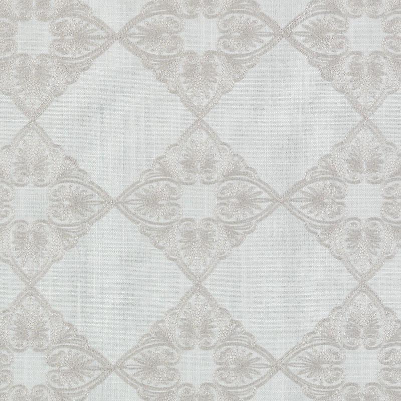 Cream linen drapery fabric with beige damask medallions in a diamond lattice pattern.