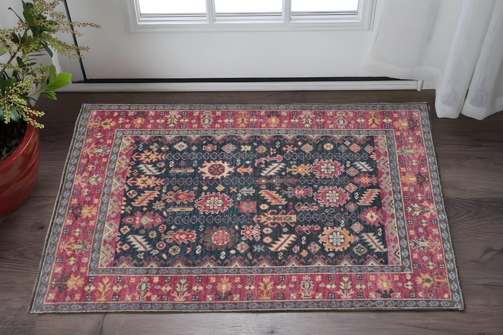2' X 3' Dark Pink Blue And Black Wool Tribal Hand Knotted Distressed Area Rug With Fringe