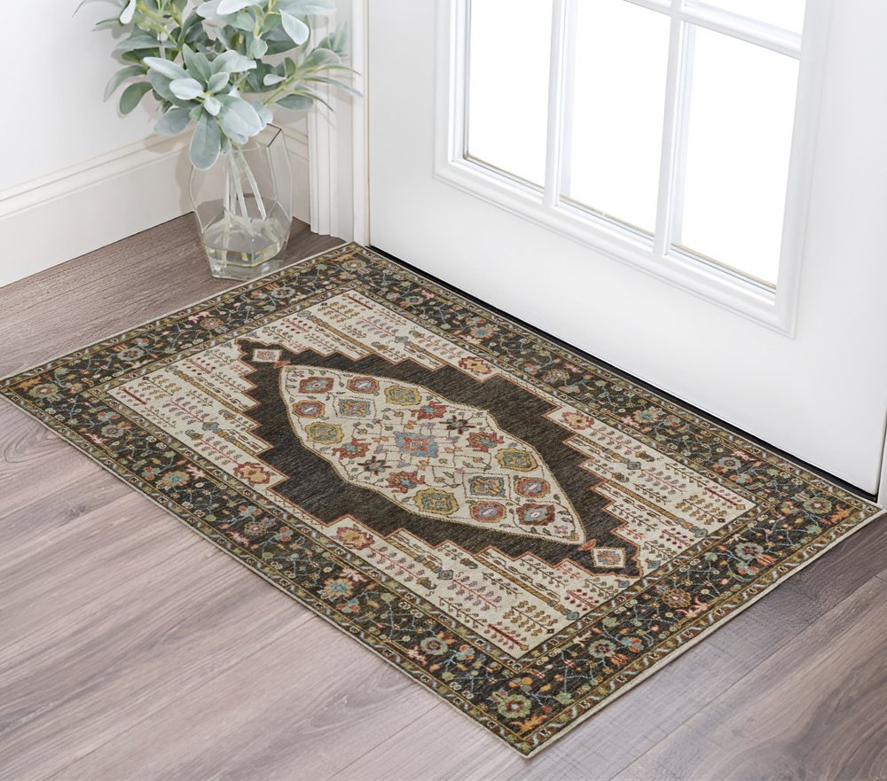 2' X 3' Green and Ivory Wool Floral Hand Knotted Distressed Area Rug With Fringe