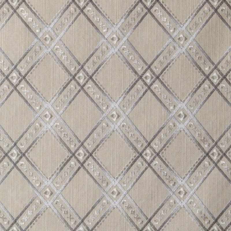 Beige linen-like fabric with a silver diamond lattice pattern and small square accents.