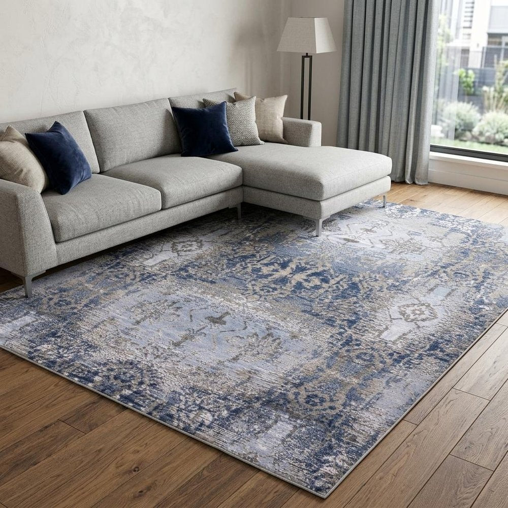 5' X 7' Blue Gray And Taupe Abstract Stain Resistant Area Rug