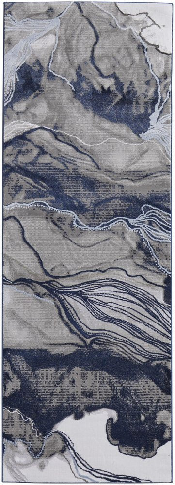 8' Blue Gray And Ivory Abstract Power Loom Runner Rug