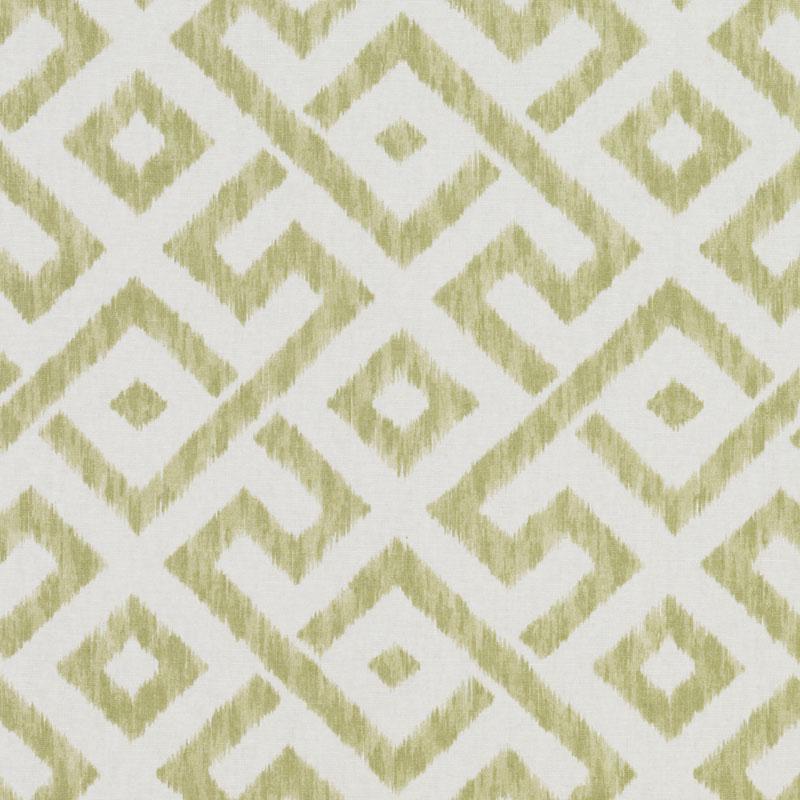 Pale olive painterly geometric diamond pattern fabric with repeating square motifs.