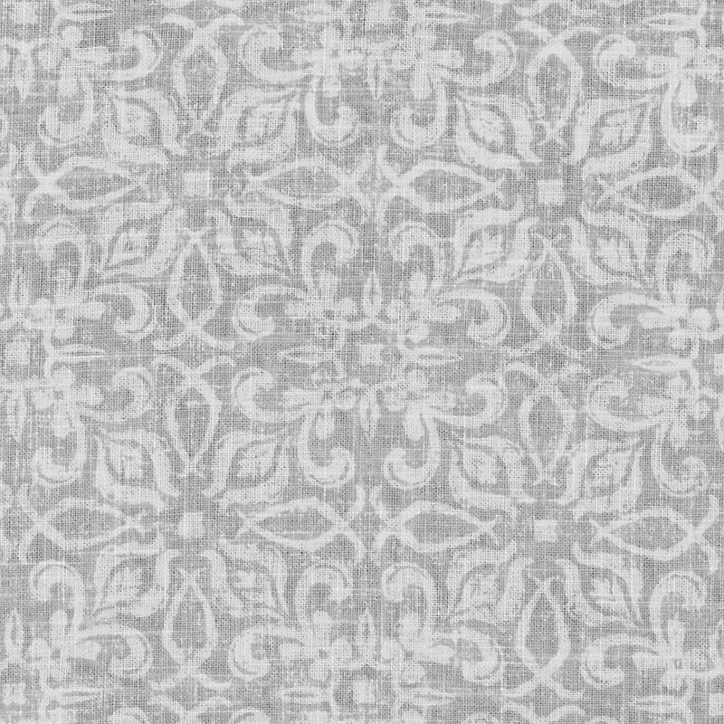 Gray linen-textured fabric with a white damask-style scrollwork pattern.