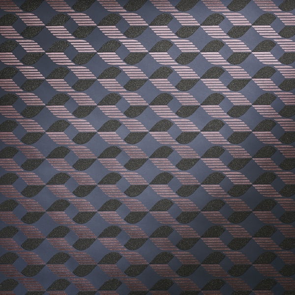 Geometric wallcovering pattern: interlocking navy ribbons with pink diagonal stripes on a blue background.
