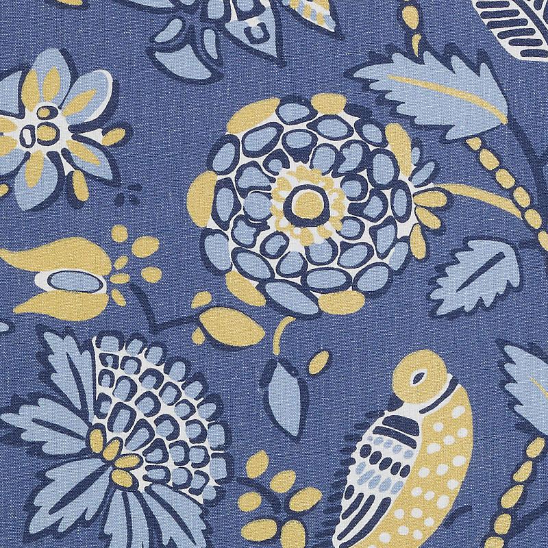 Indigo fabric with yellow and light-blue floral circular motifs, leaves and a dotted bird design.