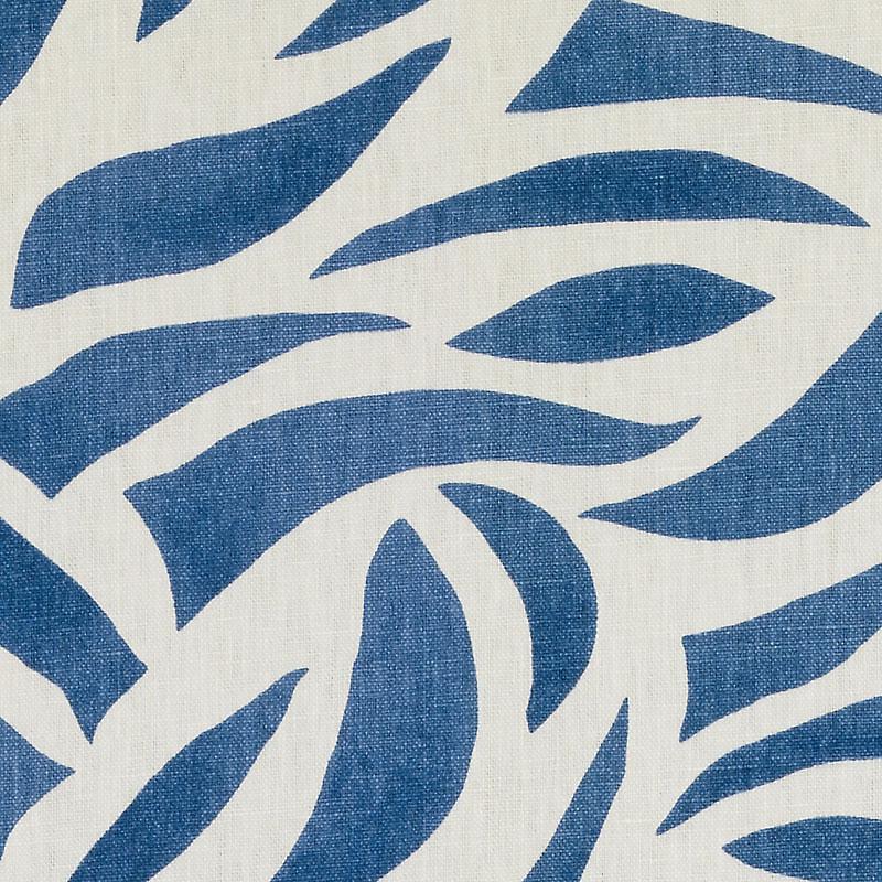 Blue abstract leaf-like shapes on off-white linen fabric; bold contemporary print for décor.