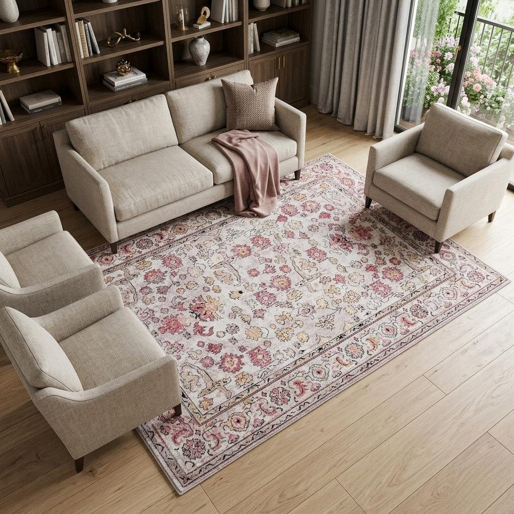 10' X 13' Pink and Ivory Floral Area Rug