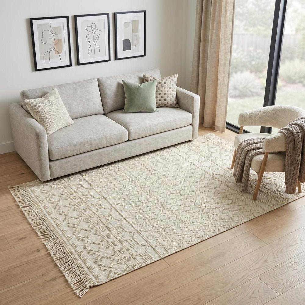 5' X 8' Ivory Wool Geometric Hand Woven Area Rug With Fringe