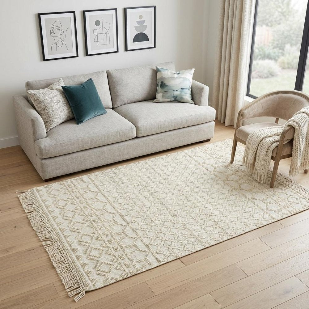 5' X 8' Ivory Wool Geometric Hand Woven Area Rug With Fringe