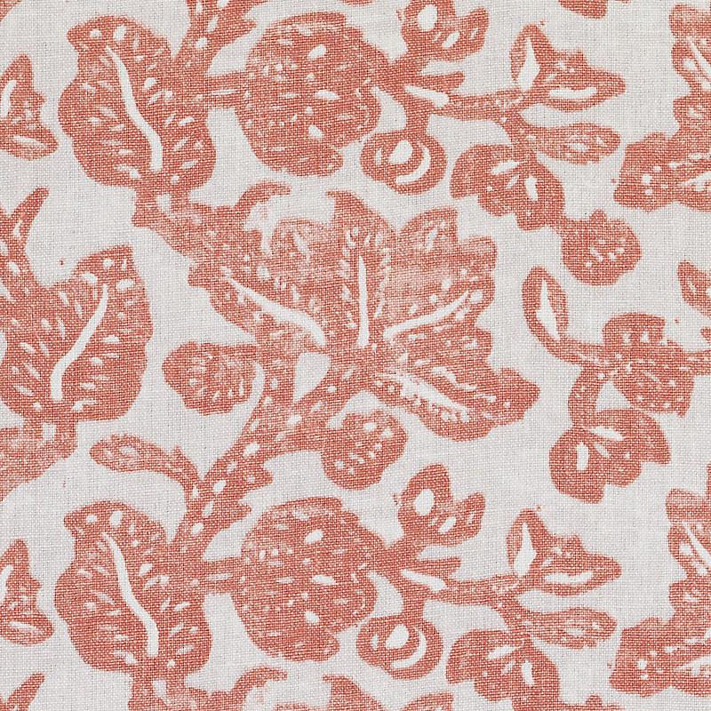 Coral red floral damask pattern on light beige linen-textured fabric; decorative upholstery textile.