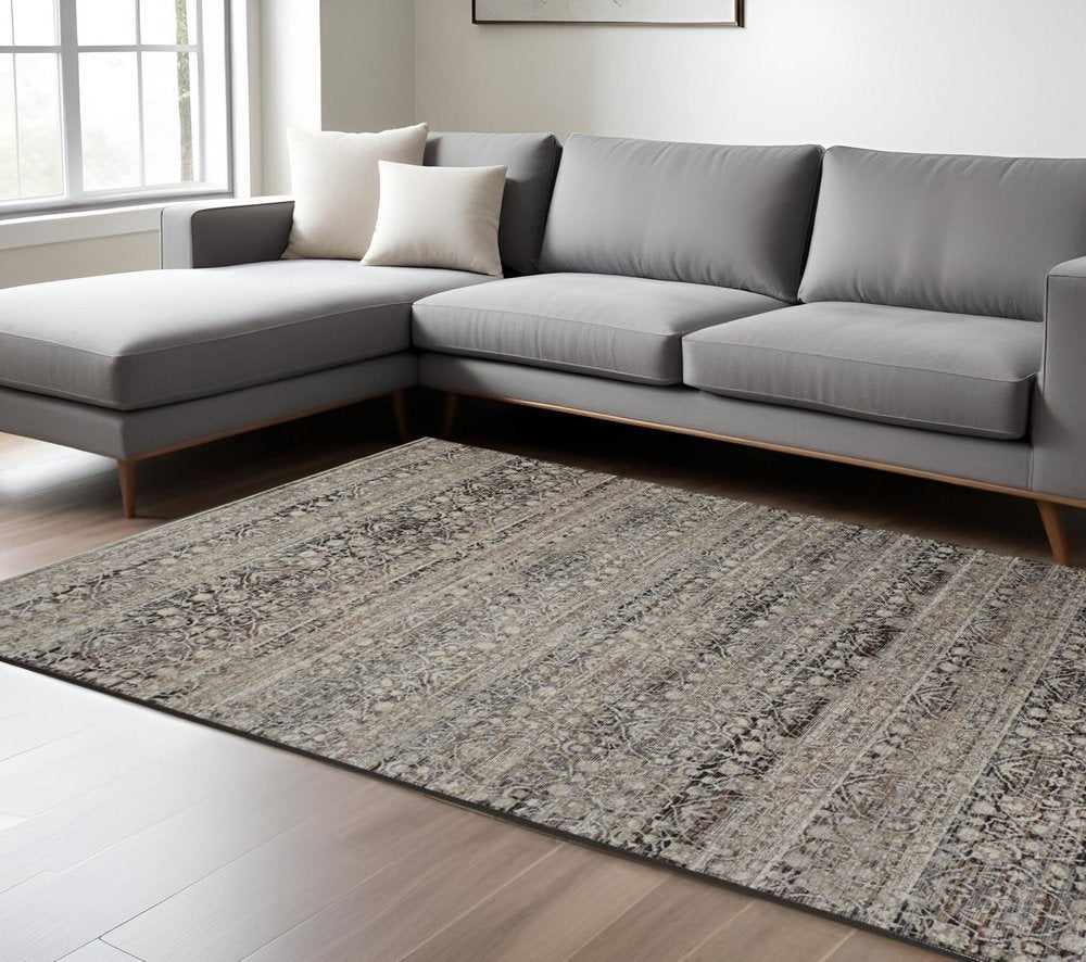 7' X 10' Gray And Ivory Oriental Distressed Area Rug With Fringe