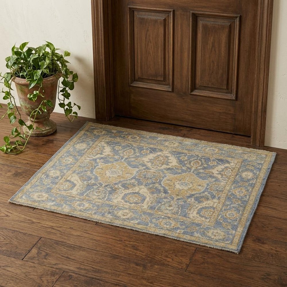 5' X 8' Blue Gold And Tan Wool Floral Hand Knotted Stain Resistant Area Rug With Fringe
