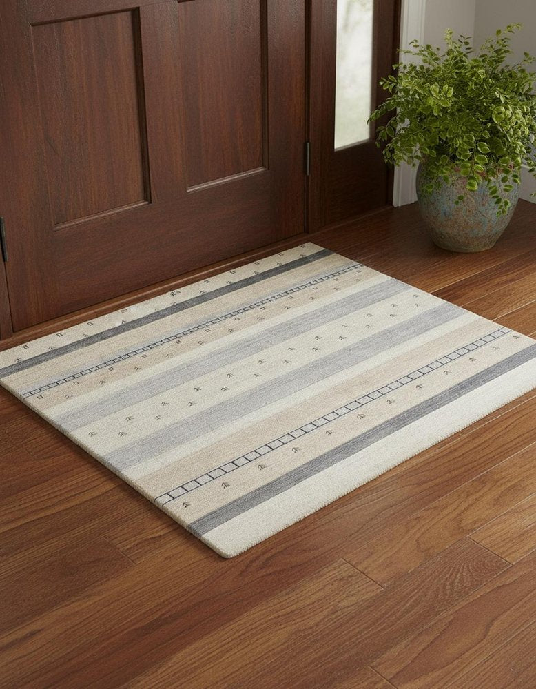 2' X 3' Ivory Tan And Gray Wool Striped Hand Knotted Stain Resistant Area Rug