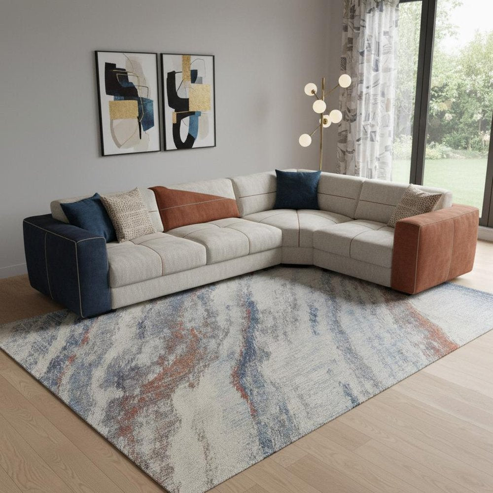 10' X 14' Ivory Orange And Blue Abstract Power Loom Stain Resistant Area Rug