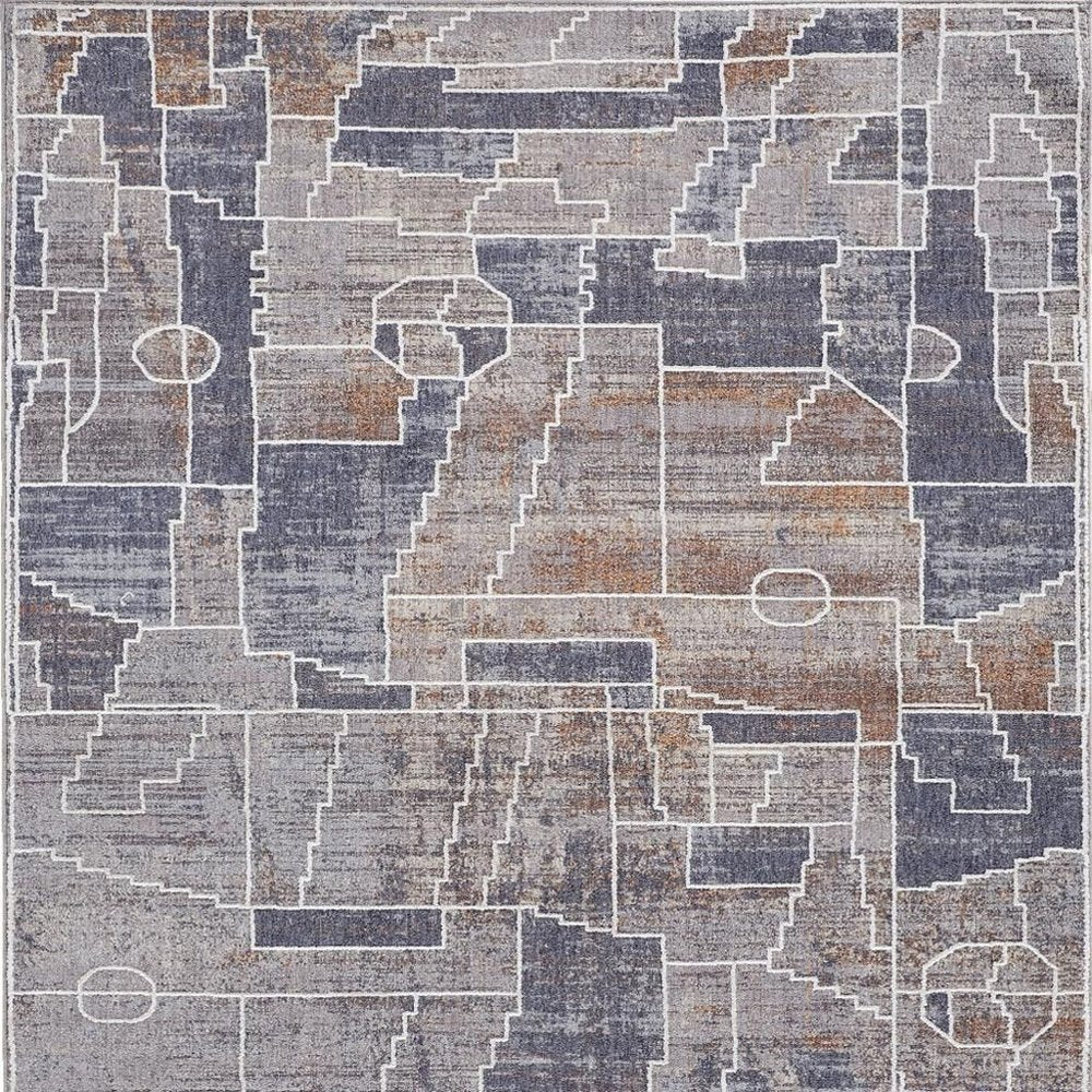 12' X 15' Blue Gray And Orange Geometric Power Loom Stain Resistant Area Rug