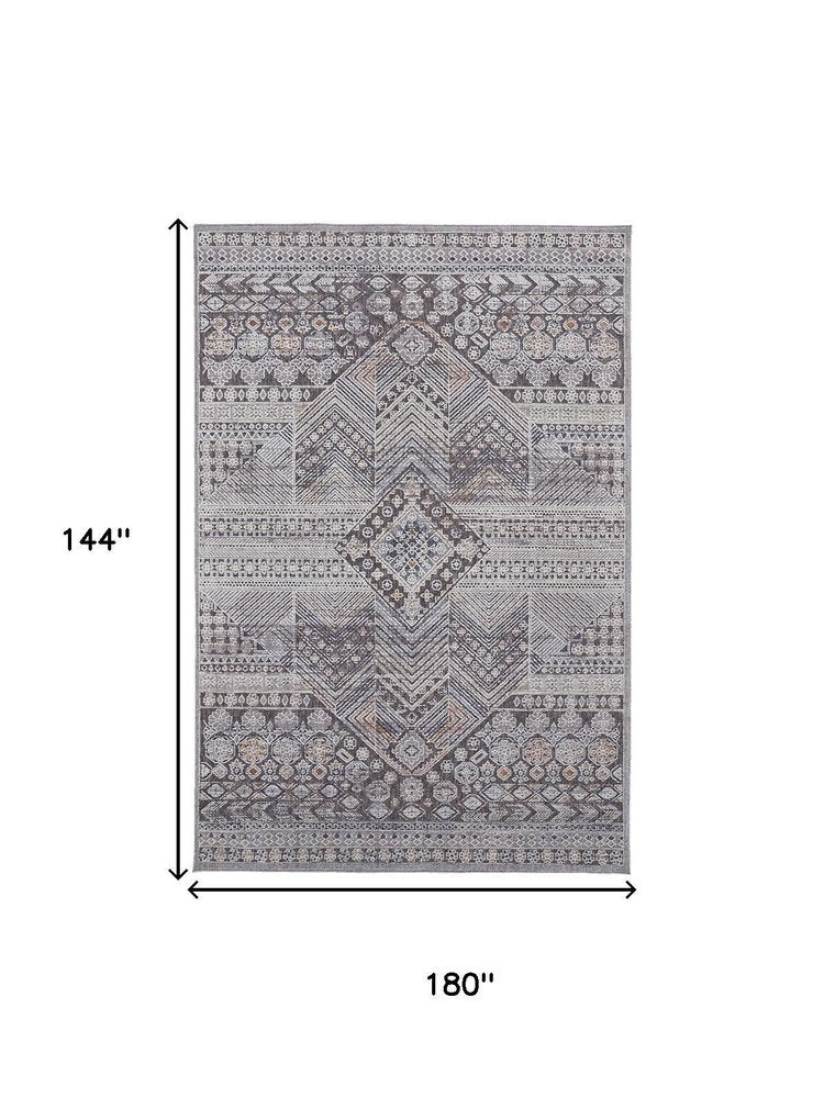 12' X 15' Ivory And Gray Geometric Power Loom Distressed Stain Resistant Area Rug