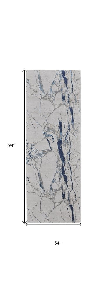 8' Ivory And Blue Marble Distressed Runner Rug