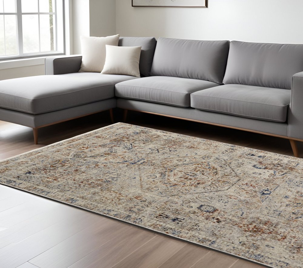 8' X 10' Blue Tan And Red Oriental Distressed Area Rug With Fringe