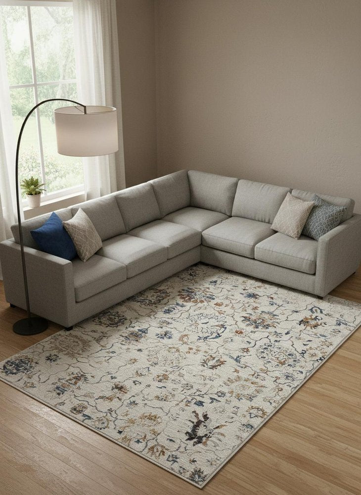 8' X 10' Ivory Blue And Burnt Orange Floral Distressed Area Rug With Fringe