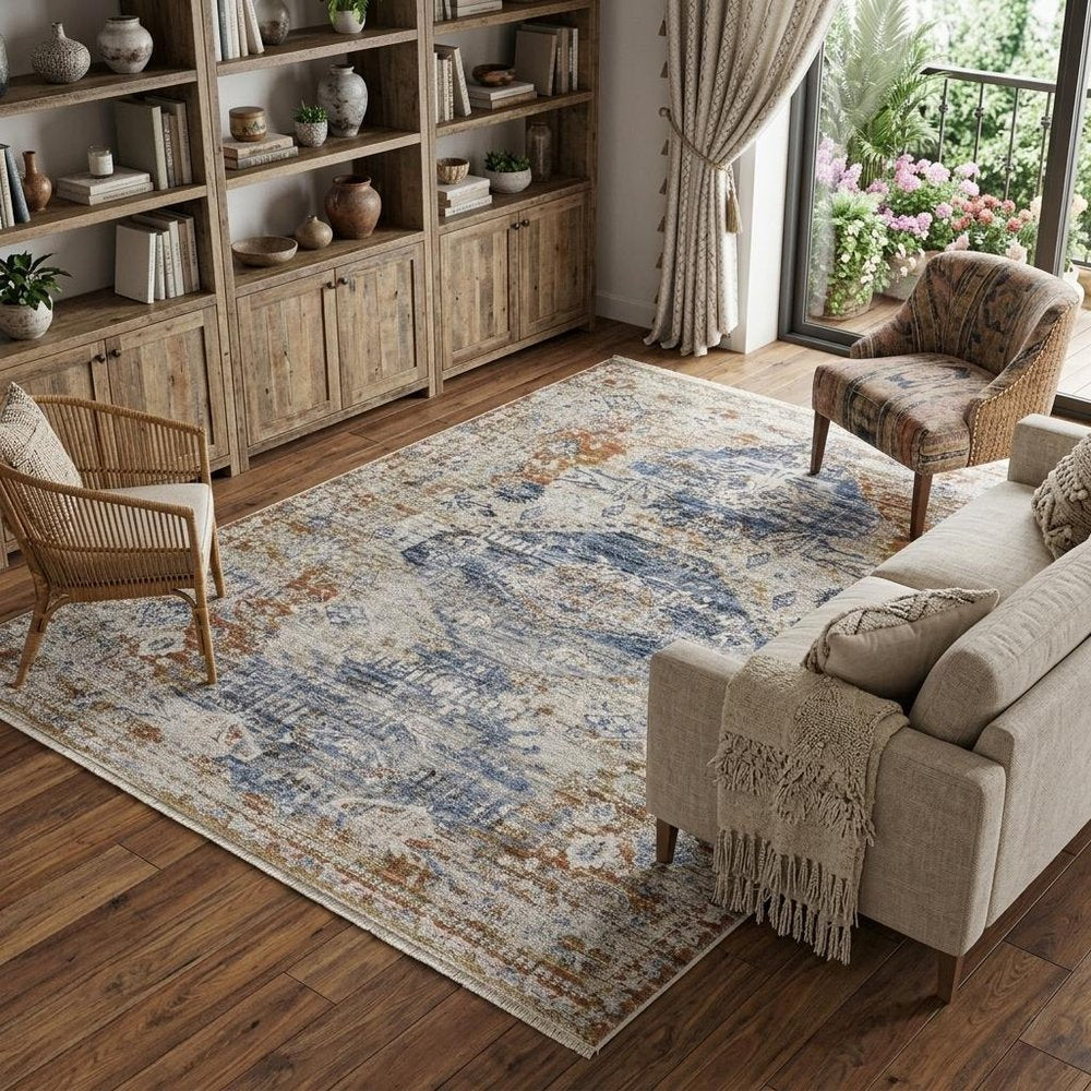 12' X 15' Gray Blue And Burnt Orange Oriental Distressed Area Rug With Fringe