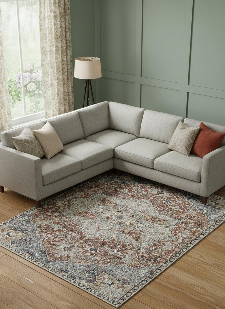 12' X 15' Burnt Orange Ivory And Blue Floral Area Rug With Fringe