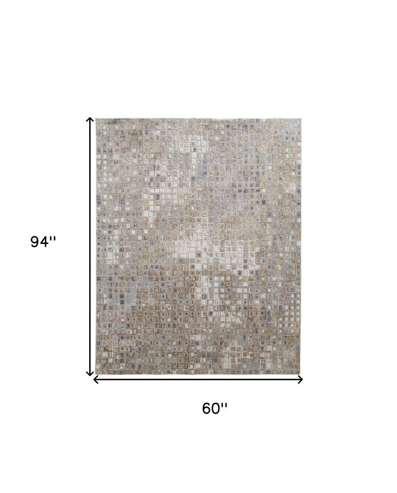 10' Tan Ivory And Blue Geometric Distressed Runner Rug