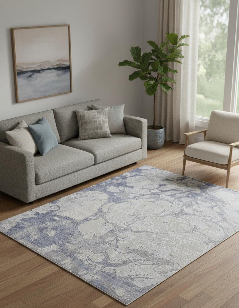 4' X 6' Ivory And Blue Abstract Power Loom Distressed Area Rug