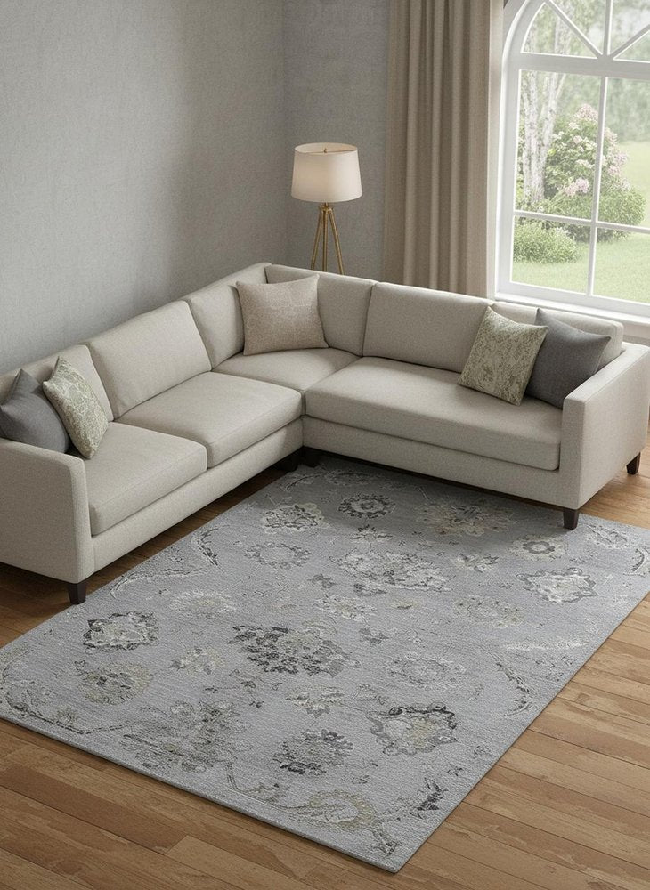 10' X 13' Silver And Black Floral Power Loom Distressed Area Rug