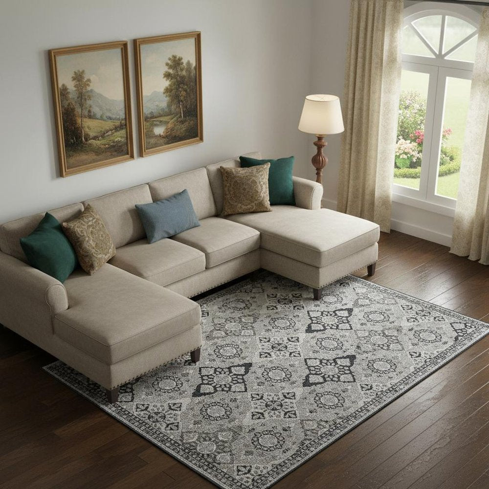 12' X 15' Gray And Black Floral Power Loom Area Rug
