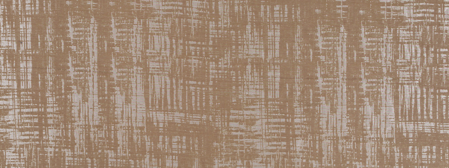 Espresso drapery fabric with a textured brown-tan weave and beige crosshatched brushstroke pattern.