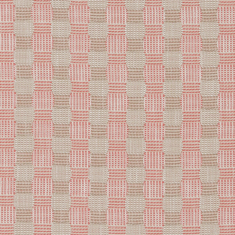 Beige woven fabric with pink vertical checkered bars; textured textile suitable for upholstery.