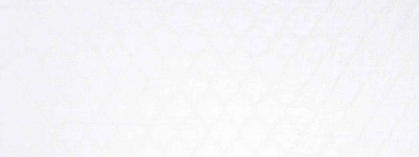 Light gray linen-textured fabric with a subtle white damask lattice floral pattern.