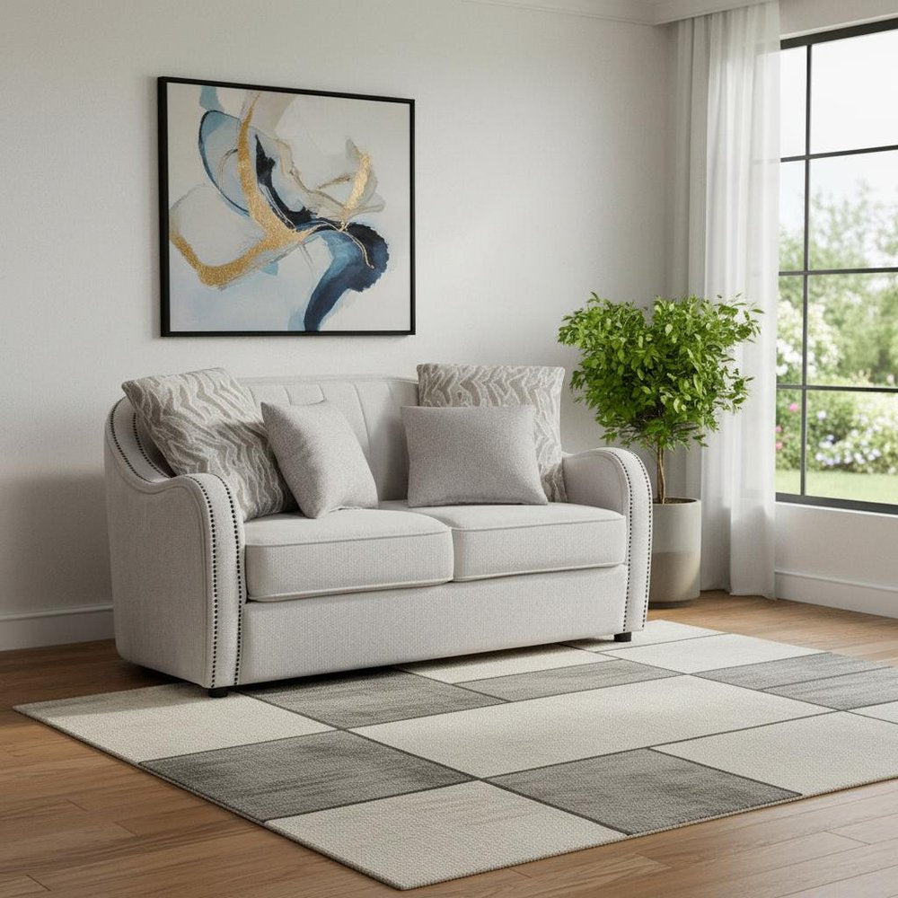 63" beige and black linen curved loveseat and toss pillows