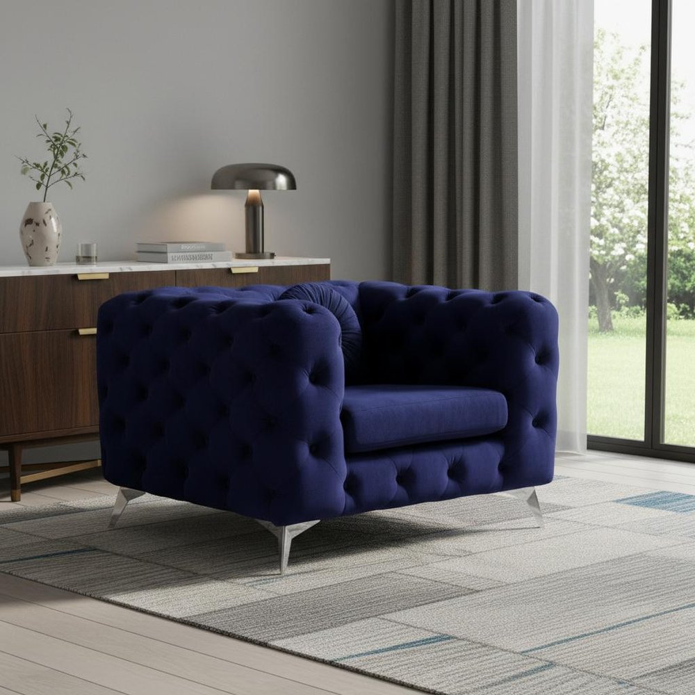 41" Blue and Black Fabric Tufted Arm Chair