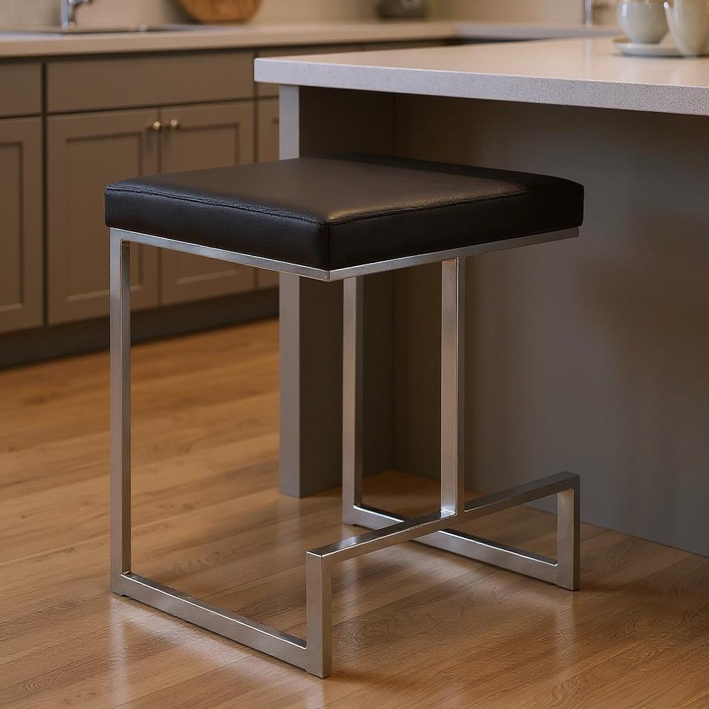 24" Black And Silver Faux Leather And Steel Backless Counter Height Bar Chair