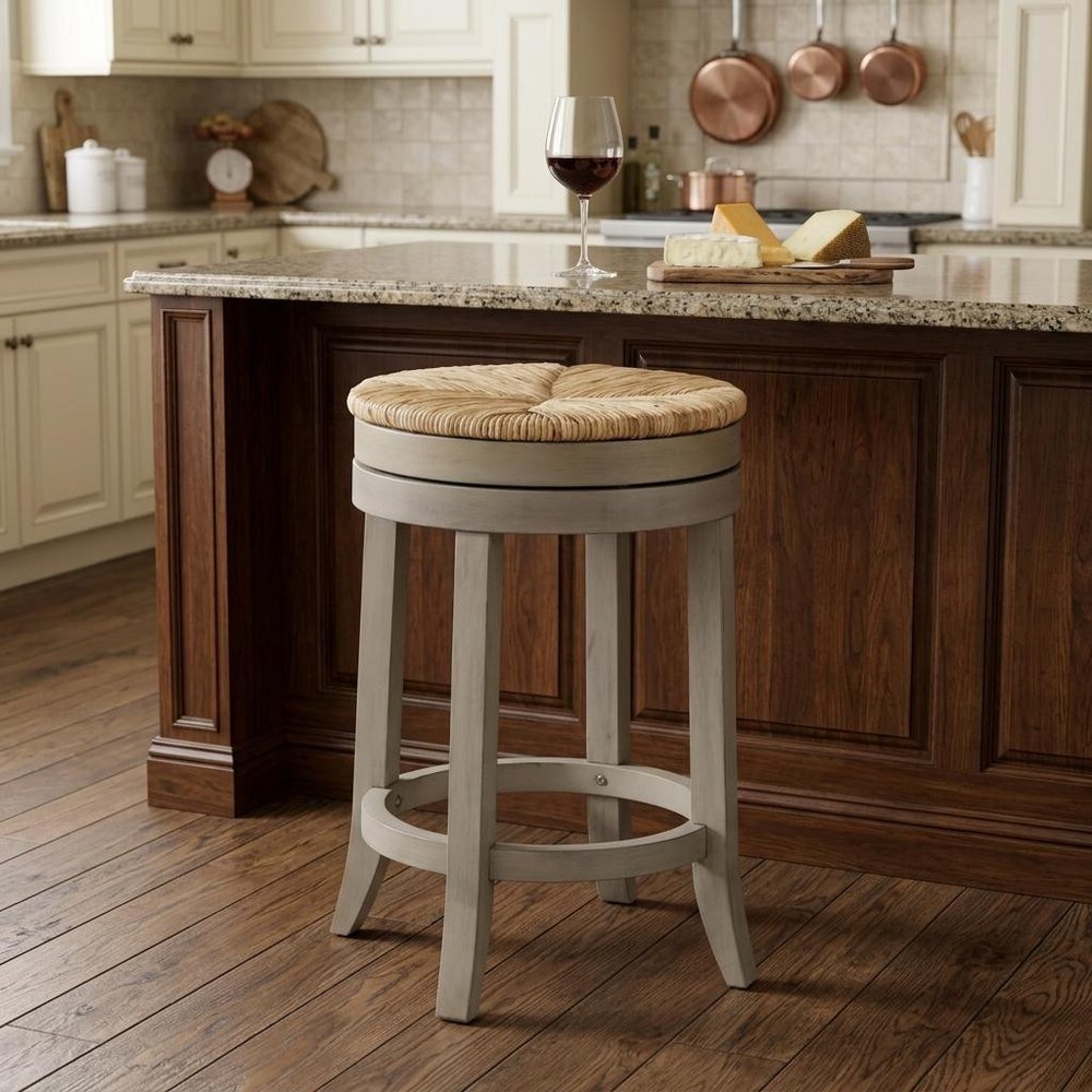 24" Natural And Gray Rush And Solid Wood Backless Counter Height Swivel Bar Chair