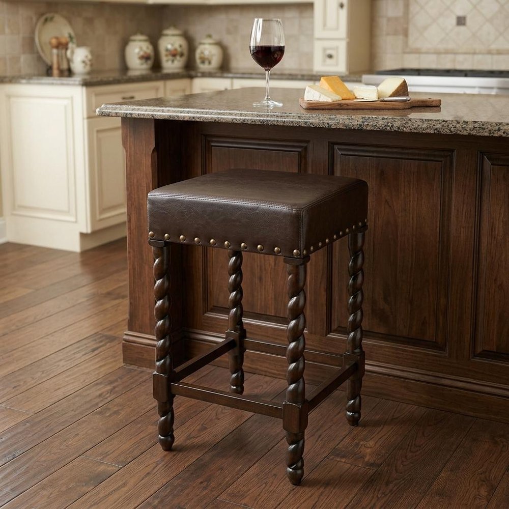 24" Black And Espresso Faux Leather And Solid Wood Backless Counter Height Bar Chair