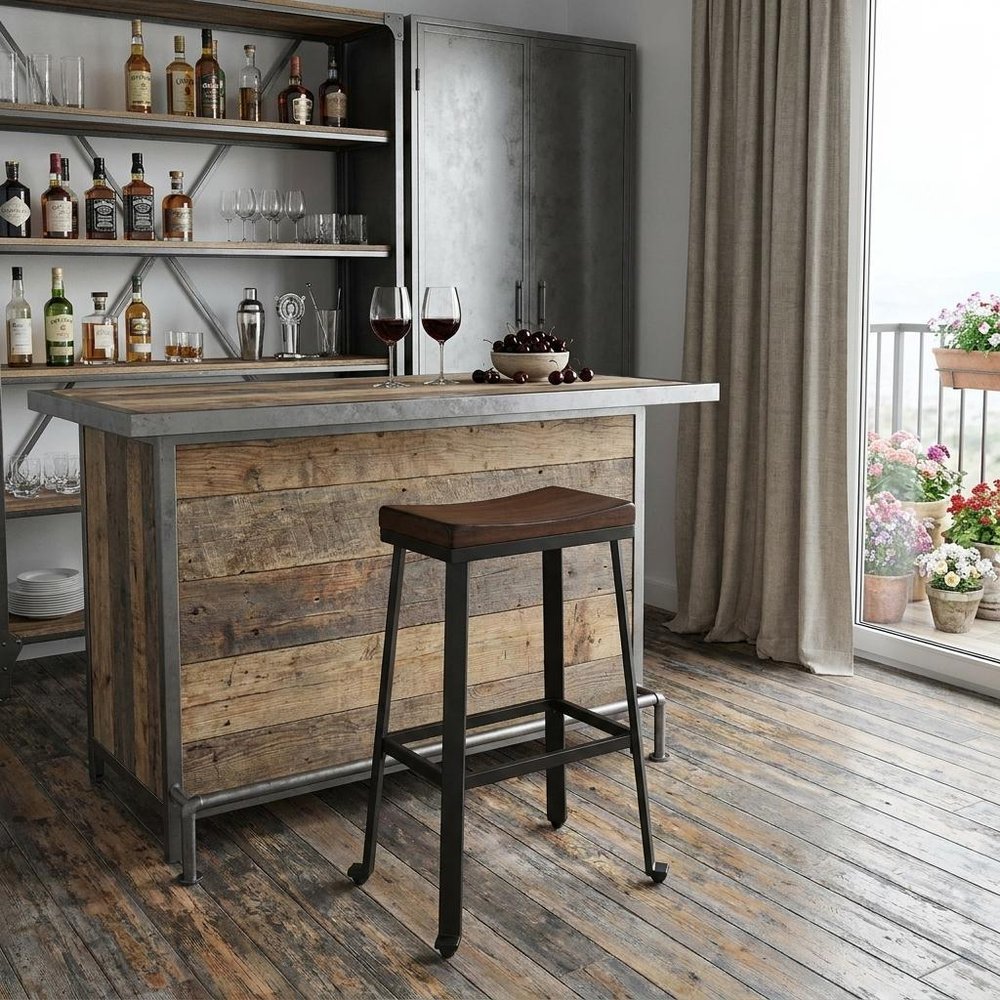 30" Chestnut And Black Solid Wood And Steel Backless Bar Height Bar Chair