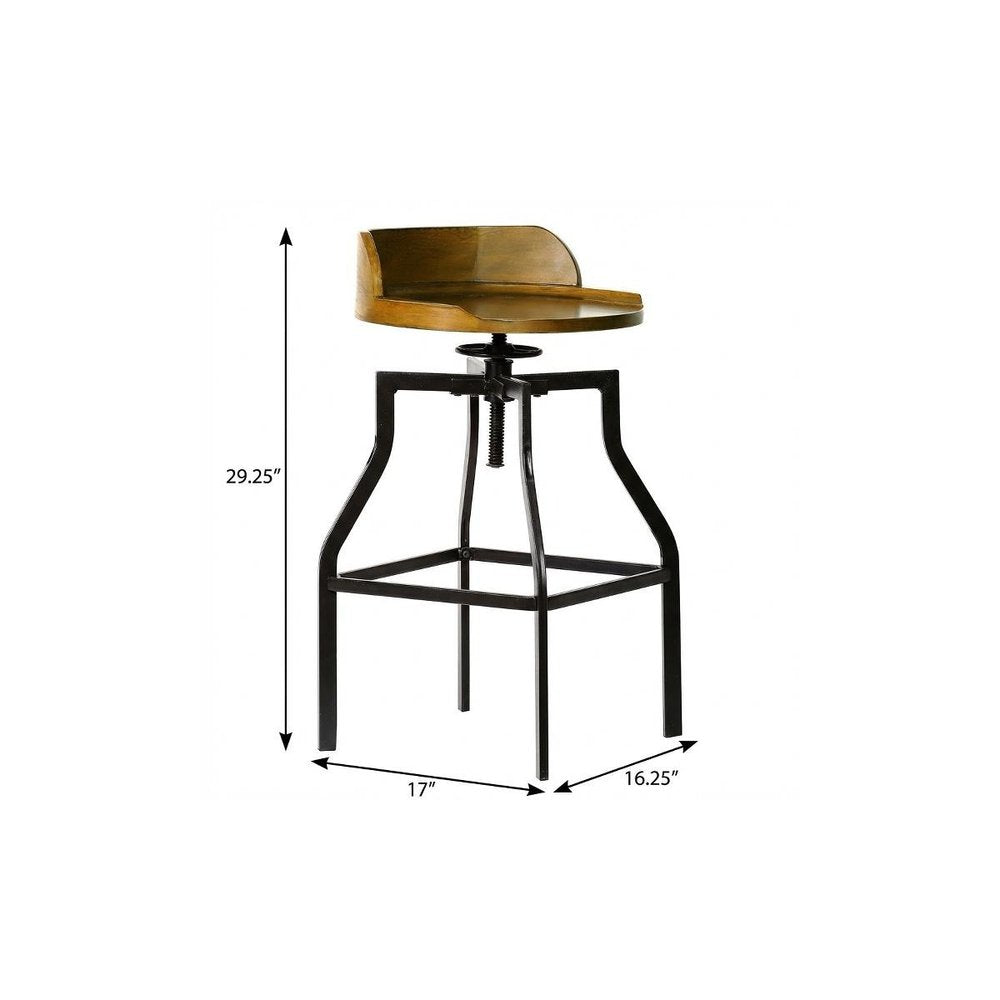 Chestnut And Black Solid Wood And Steel Backless Adjustable Height Swivel Bar Chair
